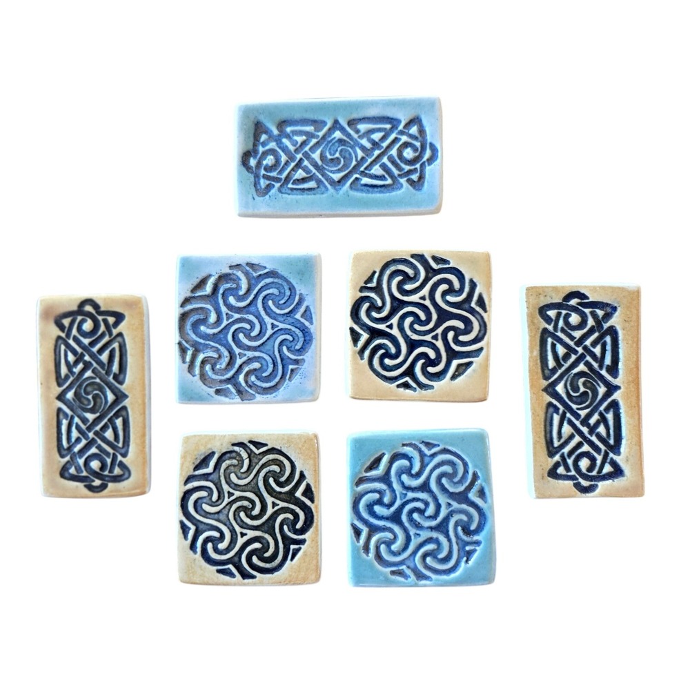 7pc Celtic Knot Ceramic Tiles Handmade Pottery Blue Tan Spiral Mosaic Art Decor